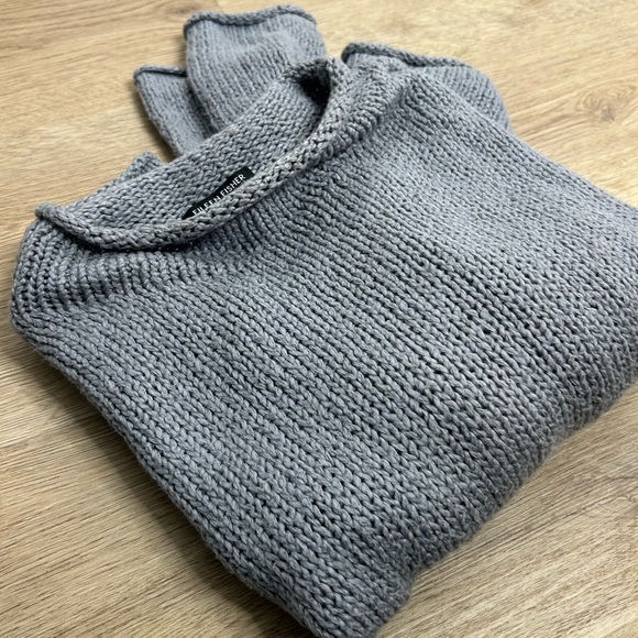 Eileen Fisher 100% Organic Cotton Thick Textured Knit Mock Neck Blue Sweater - Picture 4 of 16